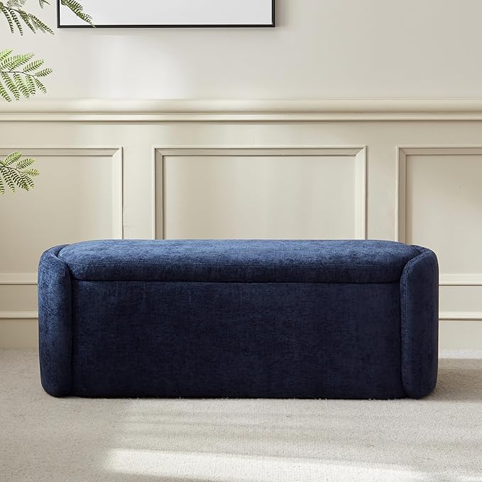 VKNOW Oval Storage Ottoman Bench, 46" Upholstered End of Bed Bench Ottomans Bench Foot Rest, Sherpa Storage Bench for Bedroom, Living Room and Hallway, Navy