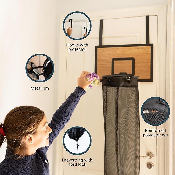 ActiveJoy – Basketball Laundry Hamper – Wooden Backboard & Mesh Hoop Laundry Basket – Over Door Hanging Organizer for Kids - Cedarwood Brown