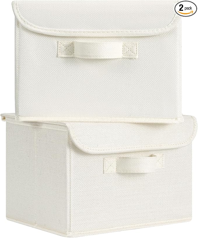 GRANNY SAYS Small Storage Bins with Lids, Small Storage Boxes, Shelf Baskets for Shelf, Collapsible Storage Bins for Living Room, Bedroom, 10x8x7 Inch, Ivory White, 2-Pack