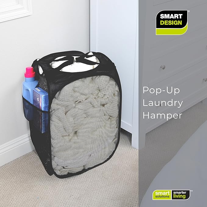 Smart Design Deluxe Mesh Pop Up Square Laundry Hamper w/ Side Pocket & Handles - VentilAir Fabric Collapsible Design - for Clothes & Laundry - Home - (Holds 2 Loads) (14 x 23 Inch) [Black]