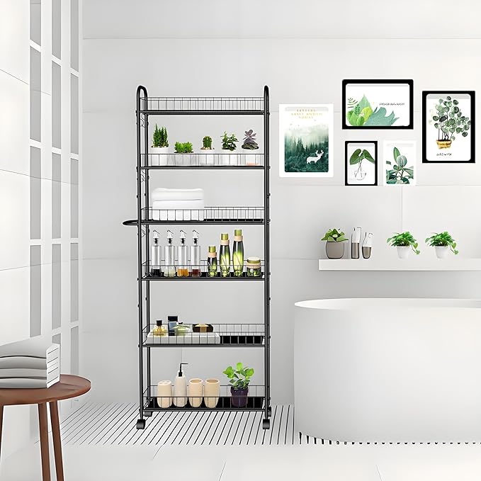 6in 6 Tier Slim Storage Cart with Wheels, Black Narrow Space Rolling Shelving Unit with Handle, Metal Wire Mobile Organizer Rack for Kitchen Bathroom Office Laundry