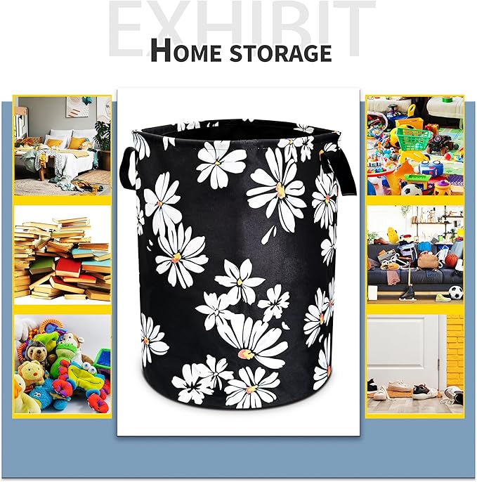 Daisy Laundry Basketwhite Yellow Flower Foldable Oxford Cloth Funny Tote Bag Laundry Hamper Clothes Storage Bucket Toy Organizer For Bathroom/Laundry Storage/Bedroom 18.9x16.5 In