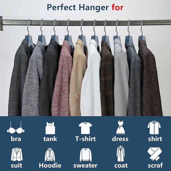 Suit Hangers for Men 6 Pack, Blue Coat Hangers Extra Wide Non Slip Width 17.7", Thick Plastic with Pants Bar & Metal Hook