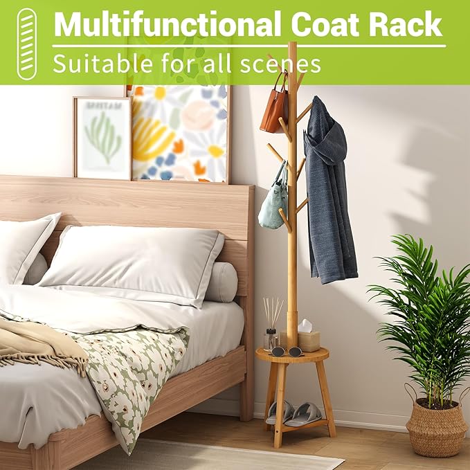 BMOSU Coat Rack freestanding Stand with 2 Shelves Bamboo Wooden Coat Tree Easy Assembly 8 Hooks Standing Jackets Hanger Hallway Office Floor Coat Stand Nature