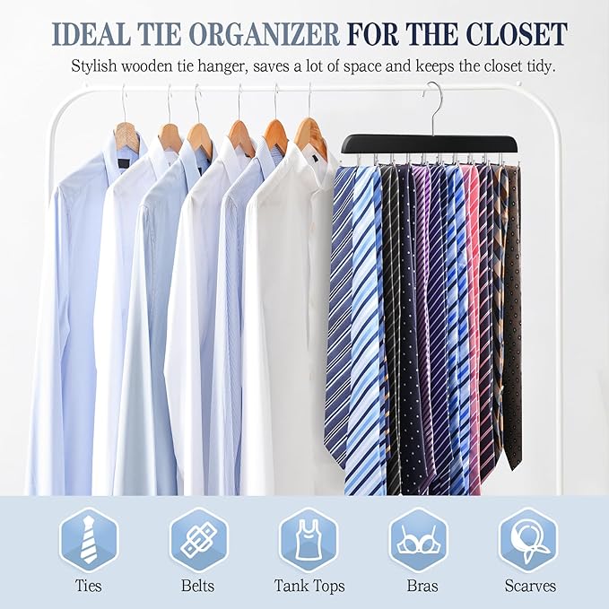 2 Pack Tie Rack Belt Hanger for Closet Upgraded Non Slip Tie Hanger Space Saving with 20 Foldable Hooks Wooden Belt Tie Organizer for Tank Tops Bras Cami Scarves