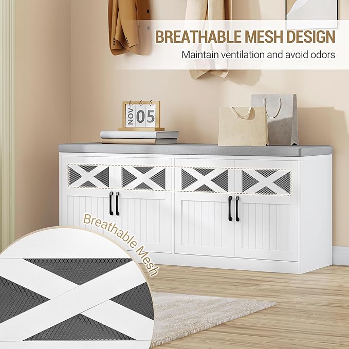 2 Tier Shoe Storage Bench with Doors, 47.2" Farmhouse Shoe Bench with Padded Cushion, 12 Pairs of Bed End Bench, Entryway Bench with Storage for Bedroom, Living Room, White SB61203X