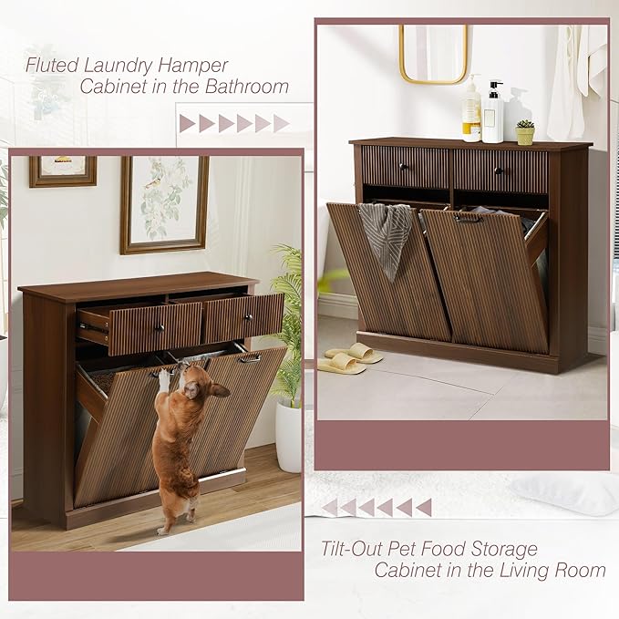 Modern Double Tilt Out Laundry Hamper Cabinet, Fluted Hidden 22 Gallon Garbage Cabinet with Laundry Storage Baskets, Wooden Trash Can Cabinets with Drawers (Brown, 13"D x 39"W x 36"H (Full))