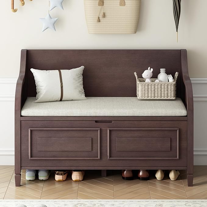 Bellemave Storage Bench with Safety Hinge Wooden Entryway Benches with Shoe Cabinets Under Seat Multifunctional Storage Bench for Entryway, Foyer or a Mudroom (Espresso + Beige)