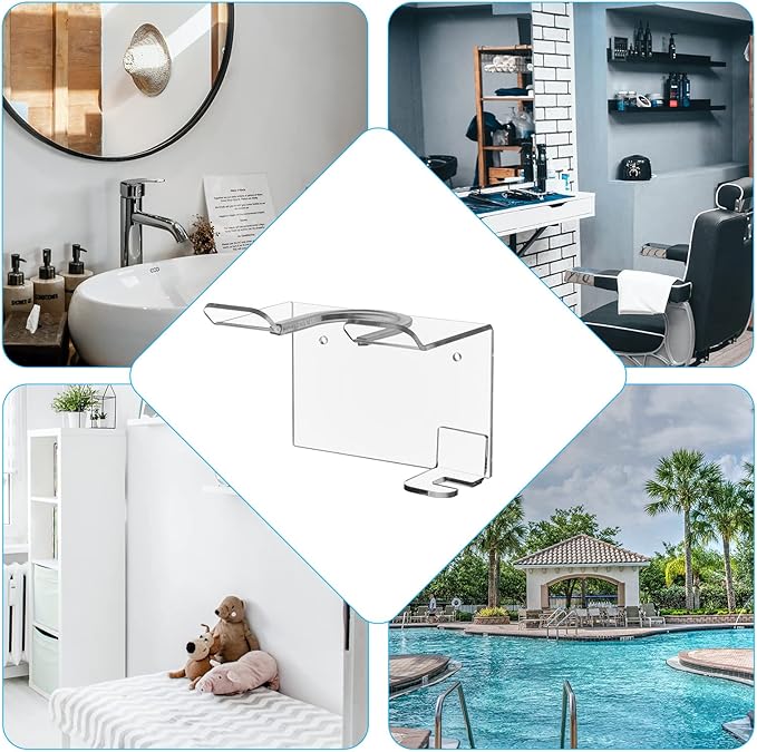 Cosmos Wall Mount Shelves Hair Dryer Holder Acrylic Blow Dryer Storage Rack Multi Functional Bathroom Storage Organizer with Screw Set for Hotel Room Salon Barbershop (Transparent Clear)