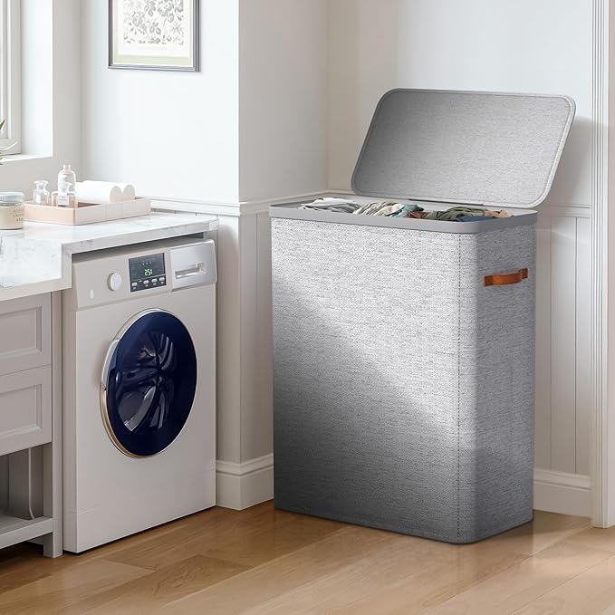 Sorbus Laundry Hamper with Lid - Collapsible 3-Compartment Fabric Laundry Basket with Handles and Removable Laundry Bag – 50 Gallon (190 L) Dirty Clothes Hamper for Bedroom, bathroom and dorm (Gray)
