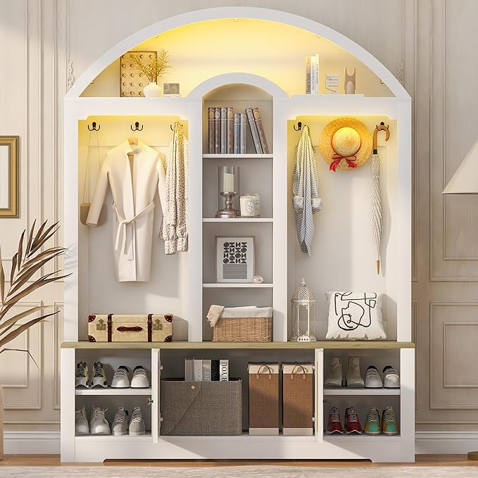 77''H Hall Tree with Curved Design, Multi-functional Coat Rack with Shoe Racks, Clothes Hangers, Hooks, Double-Layer Storage Cabinets and Open Storage Space for Hallway, Living Room (White+Walnut)