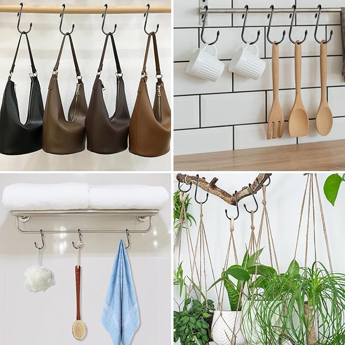 24 Pack Purse Hanger for Closet, Twist Design Hooks, Vinyl Coated Organizer, Large S Hooks for Hanging Bags, Purses, Handbags, Belts, Scarves, Hats, Black