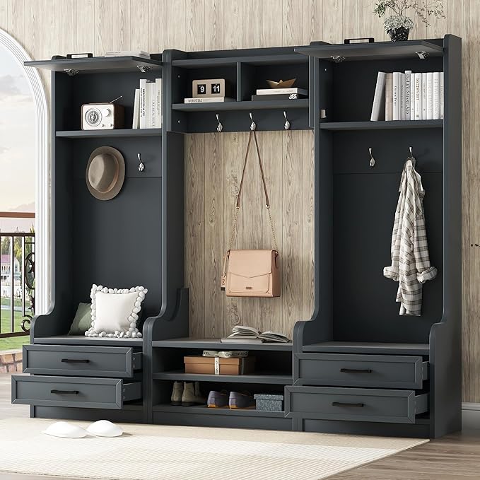 4-in-1 Detachable Hall Tree with Storage, Wood Entryway Coat Hanger with Drawers and Cabinet, Open Storage Shelves, 7 Hooks, Multiple Functions Hallway Coat Rack for Entryway (Antique Blue,205)