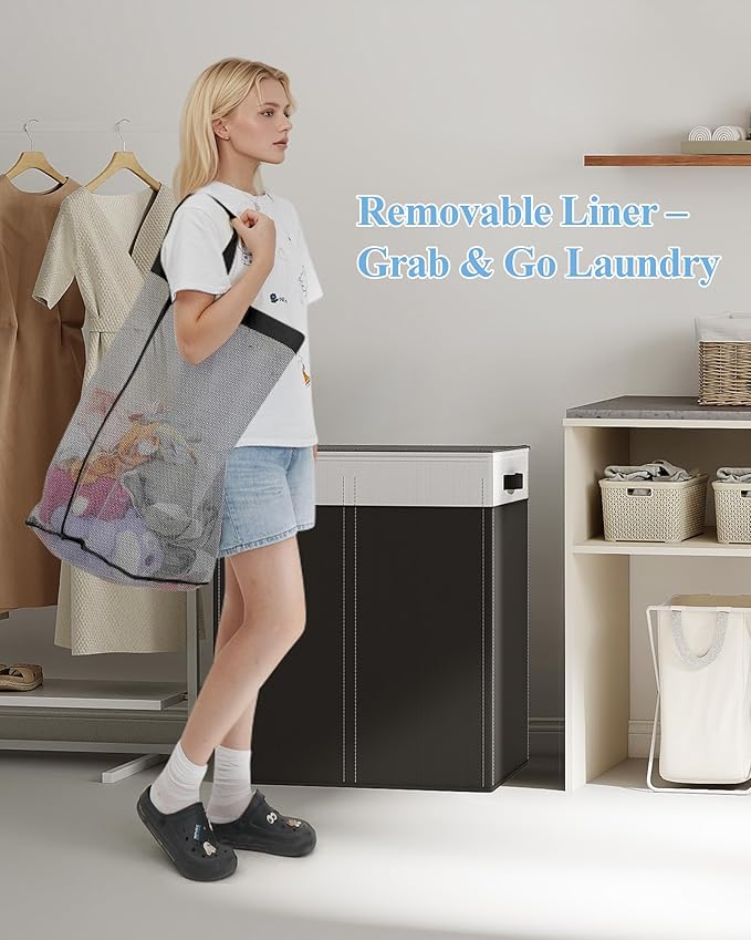 YECAYE 145L Double Laundry Hamper with Lid for Home, Dual Compartments hamper with Removable Bags, 2 Section Foldable Cloths Basket with lid, Double Cloths Basket with Color-Block Design