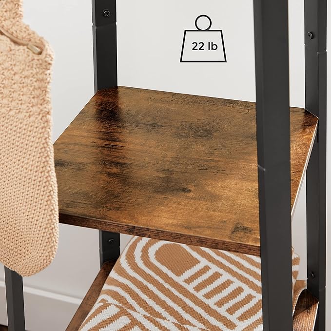 VASAGLE Coat Rack, Coat Stand with 3 Shelves, Hall Tree Free Standing with Hooks for Scarves, Bags, Umbrellas, Steel Frame, Industrial Style, for Entryway, Living Room, Rustic Brown and Black ULCR80X