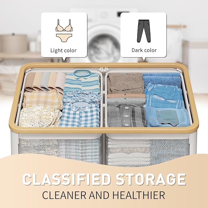 160L Double Laundry Hamper with Lid 2 Section, Large Bamboo Laundry Basket with 2 Removable Bags, Clothes Hampers for Laundry for Bedroom, Bathroom, Dorm, Laundry Room, Beige