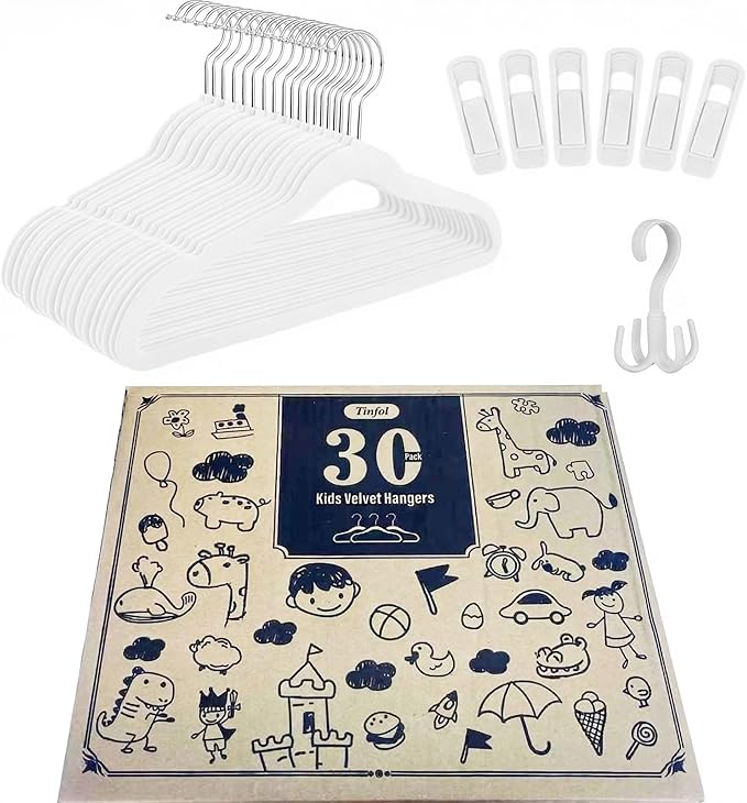 Tinfol Kids Velvet Hangers 30Pack, 14inch White Non-Slip Childrens Felt Hangers - Small Space Saving Clothes Hanger with 6pc Velvet Clips for Toddler' Clothes