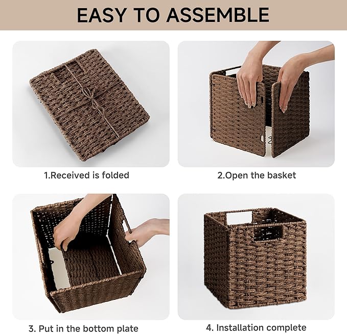 StorageWorks 9 inch Wicker Storage Cubes, Handwoven Wicker Baskets for Storage, Square Cube Organizer Bins, Foldable Paper Rope Basket for Organizing, Brown, 2 Pack