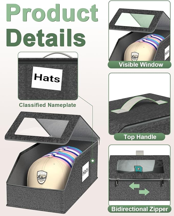 Hat Organzier for Baseball Caps - 2 PCS Stackable Hat Storage Holder Holds up to 26 Caps for Closet, Dust-Proof Hat Boxes Container with Clear Window for Home