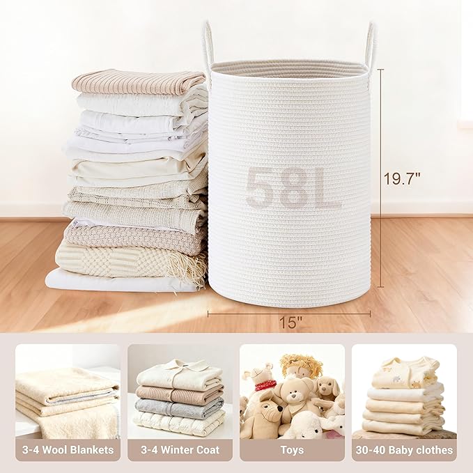 Tall Laundry Basket with Handles, 58L Portable Dirty Clothes Hamper, Boho Cotton Rope Storage Bin for Blankets Kids Toys Gifts, Decorative Organizer for Baby Nursery Bedroom Bathroom, White