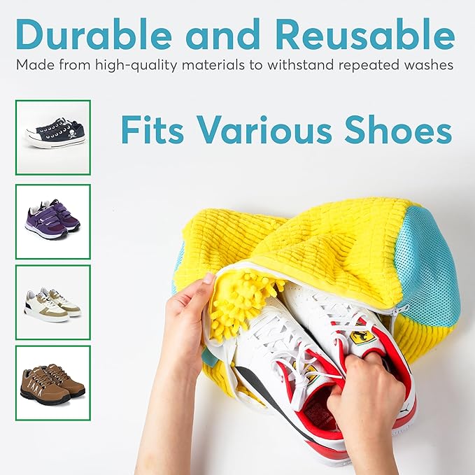 Laundry Shoe Bag for Washing Machine 2 Pcs, Reusable Shoe Washing Machine Bag for Washer and Dryer with Bonus Brush – Microfiber Sneakers Shoes Laundry Bag with Zipper, Tennis, Gym, Trainers