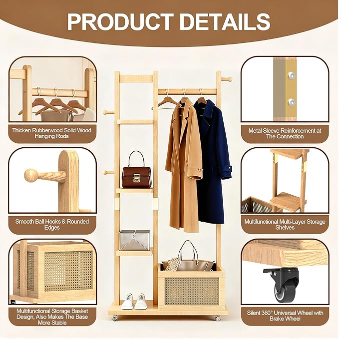 Solid Wood Coat Rack Clothing Rack with Wheels, Clothes Rack Freestanding with Storage, Heavy Duty Garment Rolling Rack Hall Tree with 4 Shelves & 4 Hooks for Entryway Hallway Office