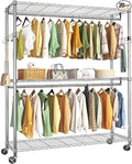 Simple Trending Clothing Garment Rack with 3 Tiers Storage Shelves, Heavy Duty Rolling Clothes Organizer Double Rods with Wheels for Hanging Clothes, Chrome