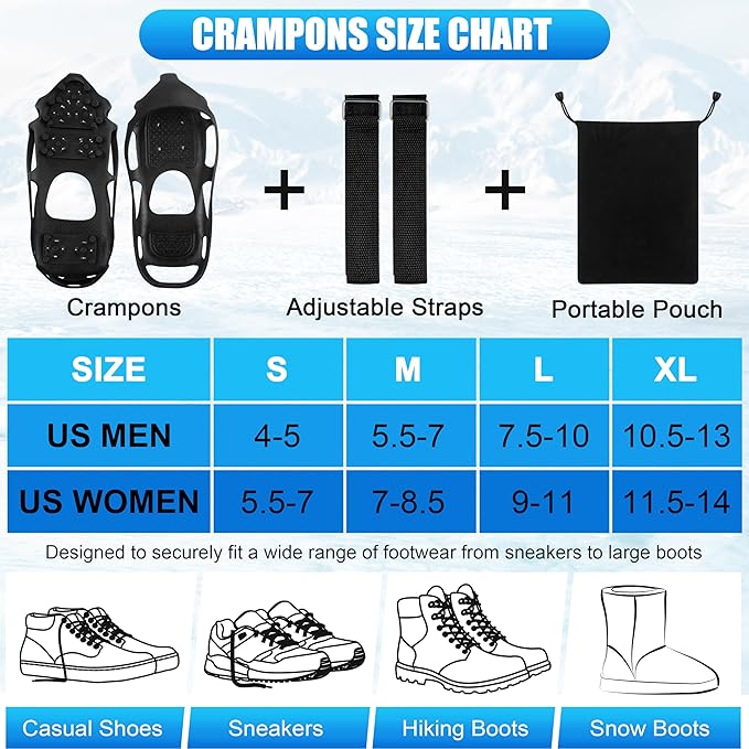 Ice Snow Cleats for Shoes and Boots Non Slip Crampons Ice Shoes Grippers 28 Studs Walk Traction Cleats for Women Men with Adjustable Straps for Hiking Walking Ice Fishing