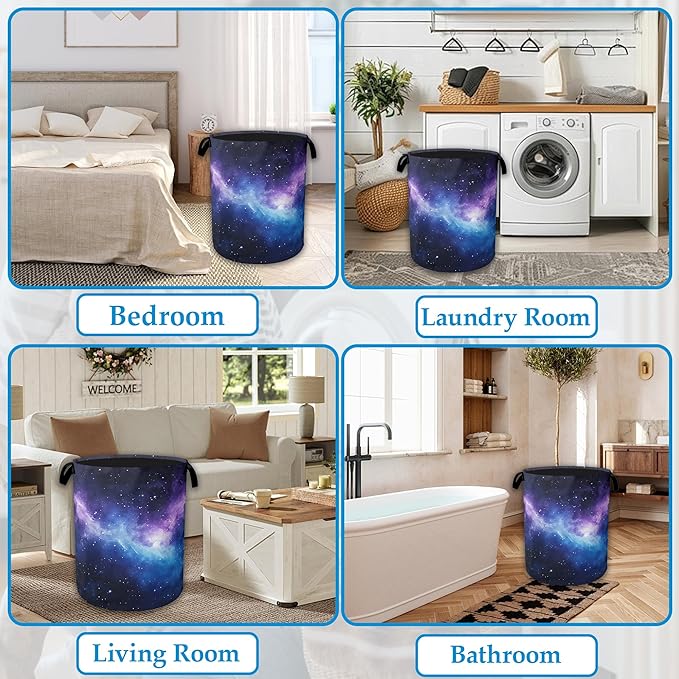 Purple Galaxy Laundry Basket Collapsible Laundry Hamper with Handle, Oxford Clothes Toy Storage Bin for Bathroom Bedroom Room Decor, Gift Basket 16" X 20.8"