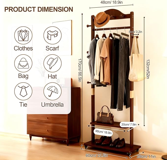 Coat Rack Freestanding Clothing Rack with Wheels - Heavy Duty Clothes Rack with 2 Shelves, Wooden Coat Hanger Stand with 4 Top Hooks & 5 Side Hooks for Entryway Hallway Living Room Office