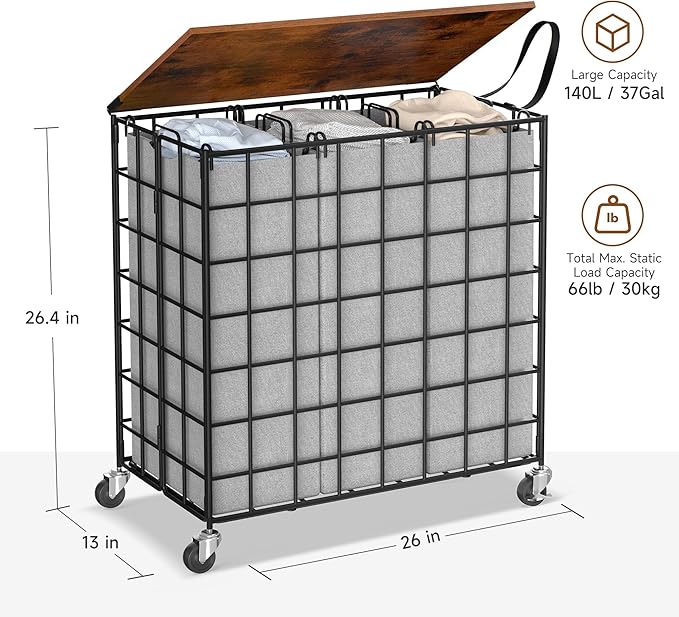 Laundry Basket with Wheels, Heavy Duty Laundry Sorter 3 Sections, 140L (37Gal.) Large Capacity Laundry Hamper with Wood Lid, 360 Rolling Wheels, Extra Side Pocket, Leather Pull Handle (Grey)