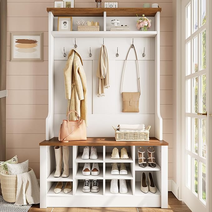 Itaar Hall Tree with Bench and Shoe Storage, 3-in-1 Entryway Bench with Coat Rack, Hall Tree with Adjustable Shoe Storage and Hanging Hooks, White and Brown (White and Brown)