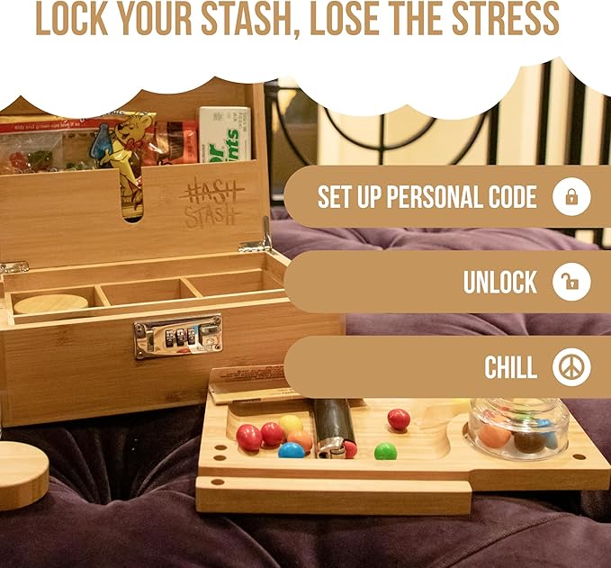The OG Storage Box - Large Bamboo Box with Combination Lock, Magnetic Lid, Organizer Tray, Airtight Tube and 3 Smell-Proof Jars - Discreet Decorative Locking Wooden Box with Accessories (Wood/Silver)