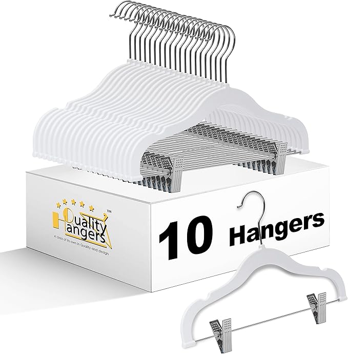 Quality Kids Children Plastic Non Velvet Non-Flocked Thin Compact Skirt Pant Coat Hangers with Metal Clips for Skirts Blouses 360° Swivel Hook, Jacket, Shirt, Legging, Suit Hangers (Cream White, 10)