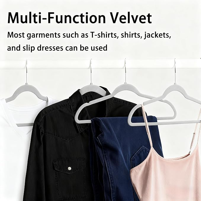 Velvet Hangers 50 Pack, Non Slip Clothes Hanger Felt Hanger with Pants Bar, Premium Quality Slim Space Saving Suit Hangers for Closet Organizer, Heavy Duty Coat Hanger, 360° Rotating Hook(Gray)
