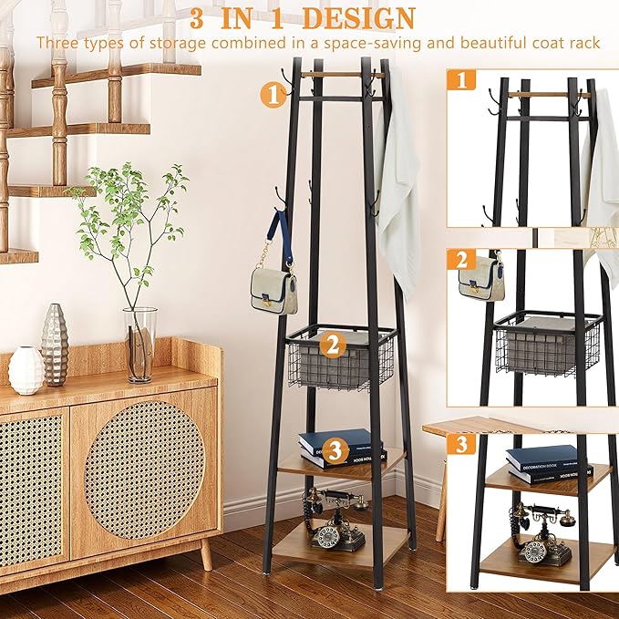 VECELO Coat Rack Freestanding,Hall Tree with Metal Basket and Storage Shelves,Industrial Coat Stand with 8 Hooks for Hanging Coats/Hats/Bags/Umbrellas,18 x 18 x 72 In,Antique Brown
