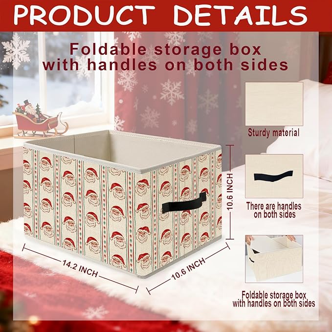 Christmas Santa Storage Bins, Red and Green Stripe Christmas Santa Claus Snowflakes Holiday Foldable Closet Organizers Storage Basket Toybox for Clothes Bed Sheets Blankets Toys