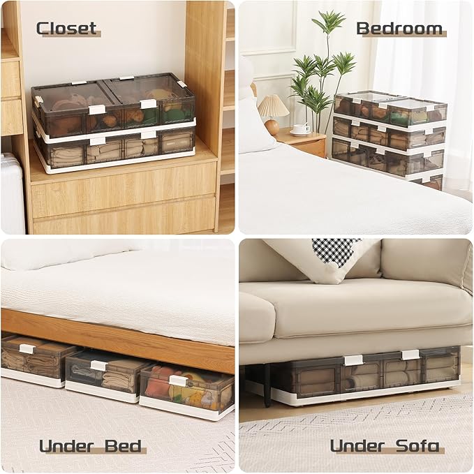 Under Bed Storage Containers with Wheels - Stackable, Foldable Plastic Storage Boxes with Lids for Clothes, Shoes, Blankets - Perfect for Bedroom Organization and Dorms (2 Pack-25.2''x16.5''x7.9'')