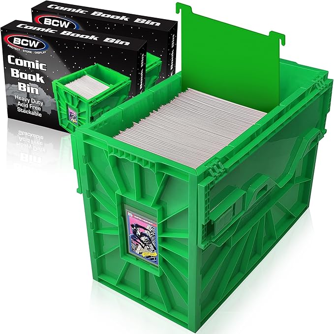 BCW Short Comic Book Bin | Holds 150 Comics | Stackable Plastic Storage | Acid-Free Organizer | Green, 2 Pack