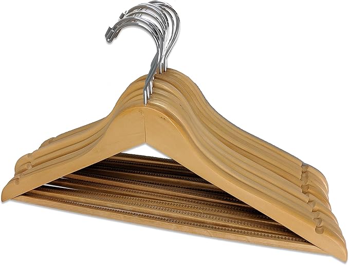 Pillowtex Wood Suit Clothes Closet Hanger w/Non-Slip Bar - Set of 10 Natural Finish Hangers
