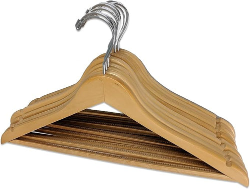Pillowtex Wood Suit Clothes Closet Hanger w/Non-Slip Bar - Set of 10 Natural Finish Hangers