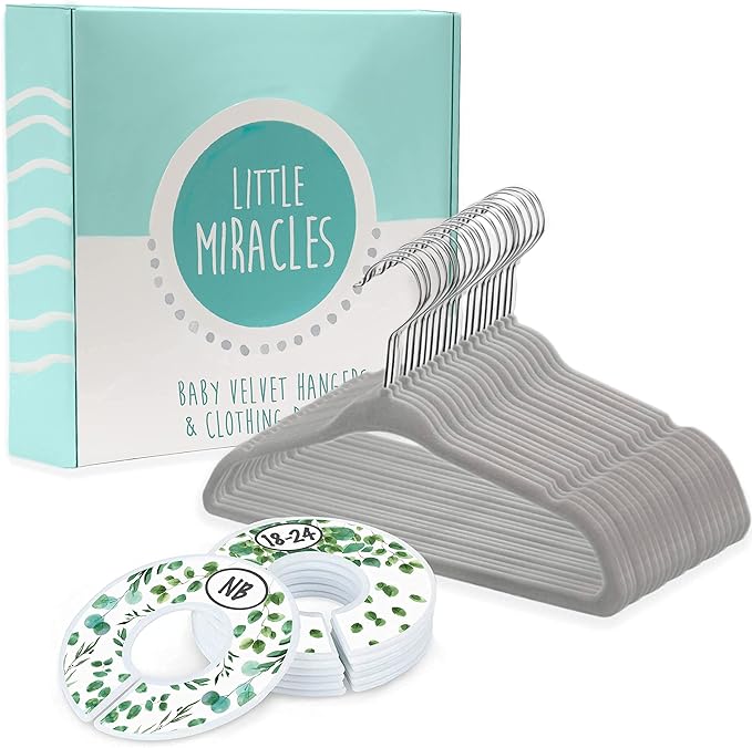 Baby Hangers and Closet Size Dividers - 7X Botanical Clothing Dividers with 20x Velvet Hangers for Baby Closets - Nursery Clothes Organizer - Eucalyptus Vines Leaf Plant Greenery Décor [Botanical]