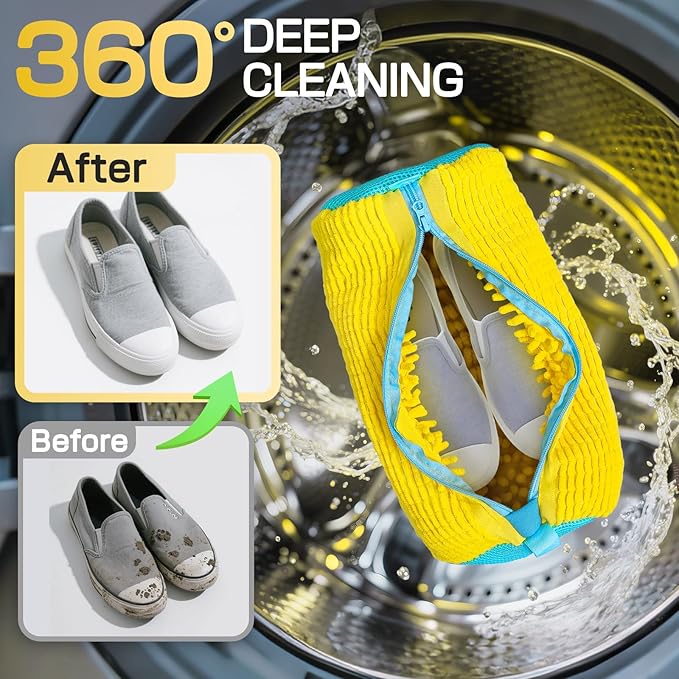 Shoe Washing Machine Bag,Reusable Laundry Cleaning bags for Washer and Dryer Fluffy Fibers 360° Wrap-Around Cleaning for All Shoes with Adjustable Shoe Trees & Dust-Proof Bag (Yellow 4Pcs)