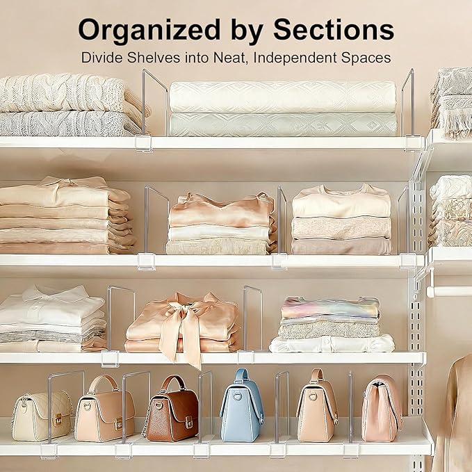 Purse Organizer for Closet Shelf Dividers: 6-inch Tall (Shorter Version) Adjustable Clear Acrylic Bag Storage Organizer for Handbags, Sweaters, Towels, Jeans and Shoes on Wood Shelves 4-Pack
