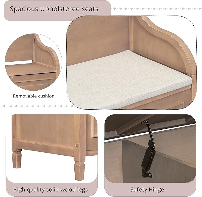 42" Rustic Multifunctional Storage Bench Entryway Bench with Safety Hinge, Removable Seat Cushion and Hidden Storage Space, Home Collection for Hallway Entryway Living Room Mudroom (Brown)