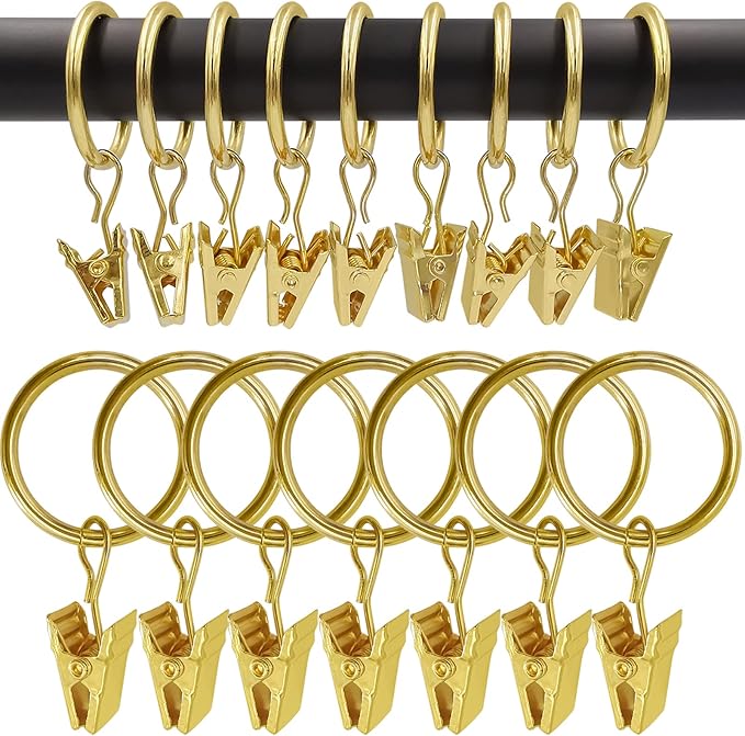 44 Pack Gold Curtain Rings with Clips, Curtain Hooks Hangers Clip Rings for Hanging Drapes Bows Hat, Drapery Rings 1 in I D, Fits up to 5/8 in Diameter Curtain Rod.
