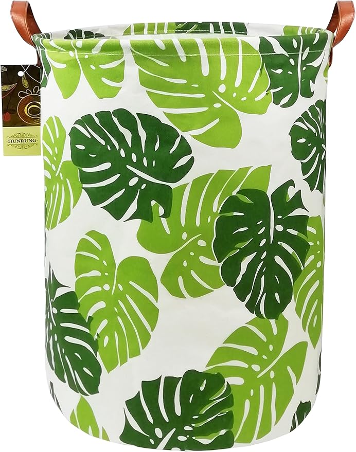 HUNRUNG Laundry Hamper,Large Canvas Fabric Lightweight Storage Basket Toy Organizer Dirty Clothes Collapsible Waterproof for College Dorms, Children Bedroom,Bathroom (Round Leaf)