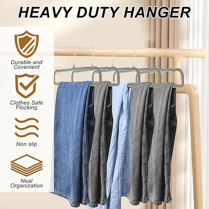 Velvet Pants Hangers Non Slip, 30 Pack Velvet Hangers for Closet with 30 Hooks, Strong Durable Space Saving Slim Clothes Hanger, Ultra Thin Flocked Hanger for Pants, Shirts, Bra, Shorts (Grey)