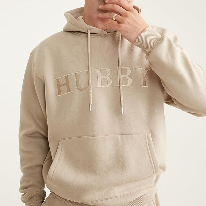 Six Stories | Hubby Embroidered Hoodie in Stone Beige | Soft & Cozy Fleece Pullover Loungewear Sweater