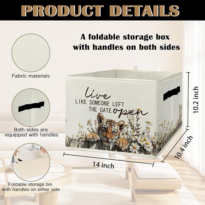 Rustic Tiger Storage Bins & Boxes with Handles, Farmhouse Tiger Foldable Basket for Organizing, Live Like Someone Left the Gate Open Collapsible Storage Basket for Bedroom Bathroom Clothes Toys